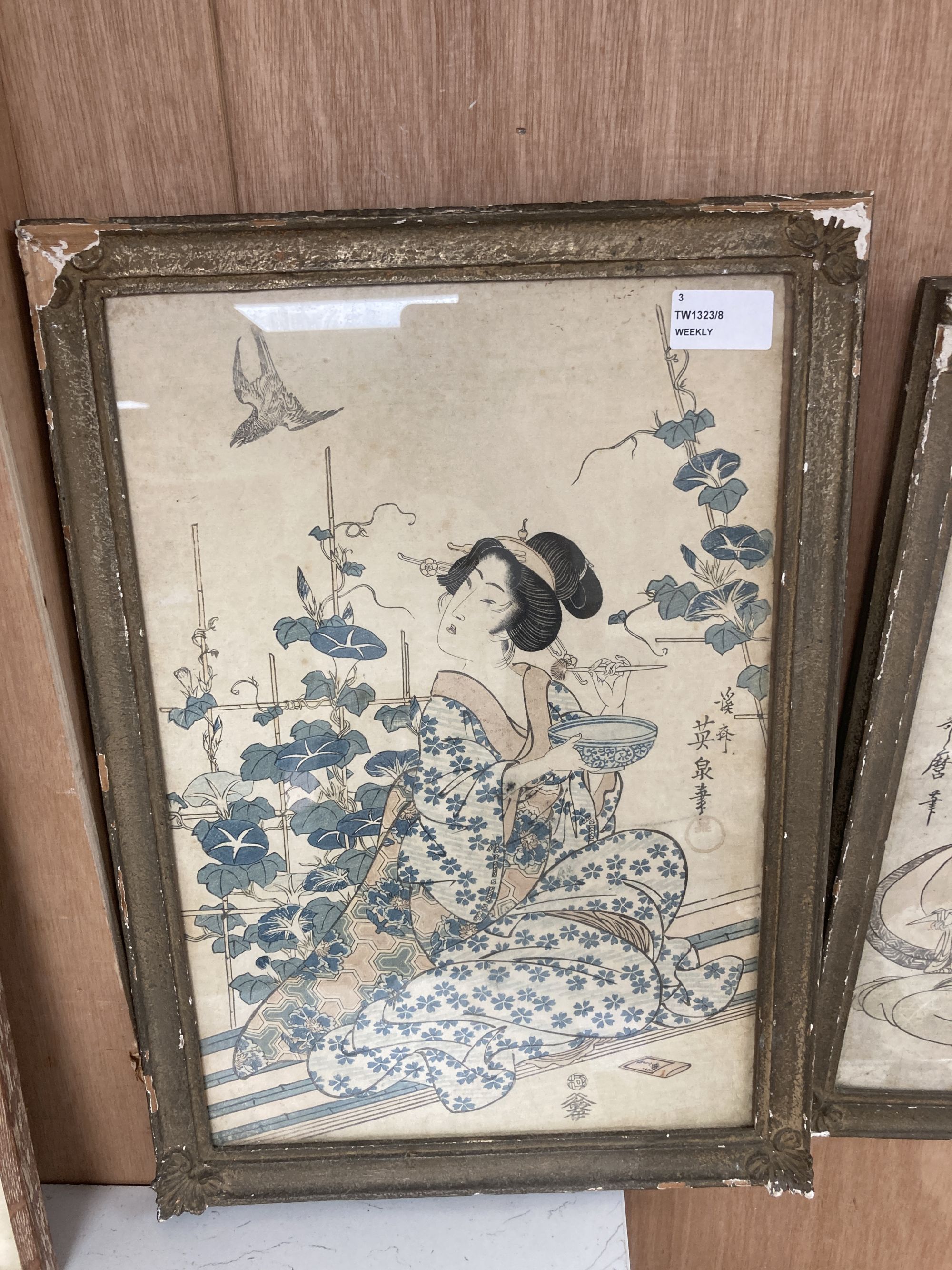 Three Japanese woodblock prints, including one by Keisai Eisen from A Summer Scene of Beauties, 38 x 26cm (largest)